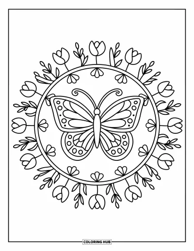 Coloriage de mandala de papillon pour enfants : Un mandala représentant un papillon entouré d'un anneau de tulipes, facile et amusant à colorier