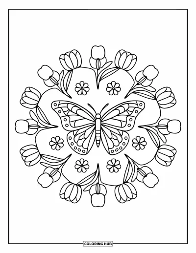 Coloriage de mandala de papillon pour enfants : Un anneau de tulipes et de trèfles entoure un joyeux papillon