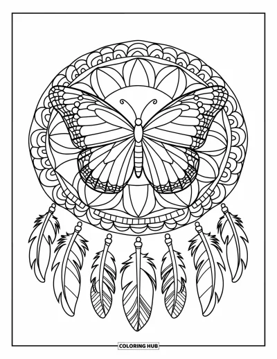 Coloriage de mandala de papillon pour enfants : Mandala avec un papillon et des lignes d'attrape-rêves pour un rendu moderne et captivant