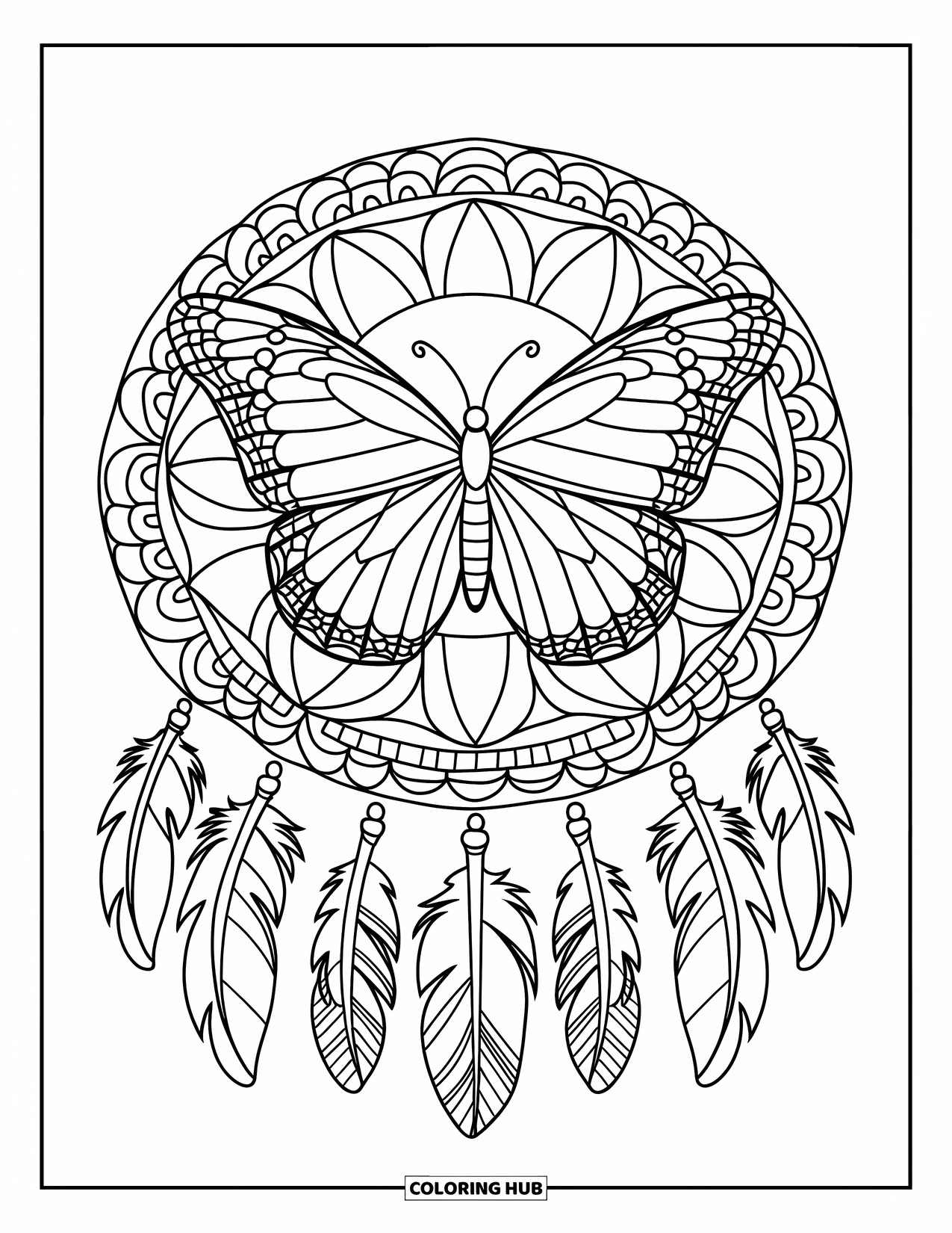 Butterfly Mandala Coloring Page for Kids: Mandala with butterfly and dreamcatcher lines feels modern and engaging