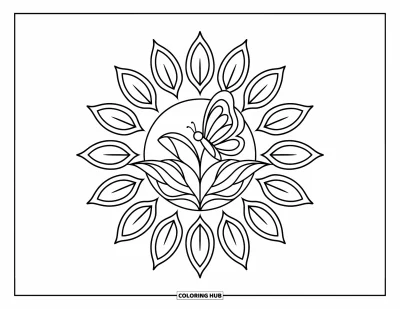 Coloriage de mandala de papillon pour enfants : Mandala avec un papillon perché sur une fleur et des gerbes de feuilles