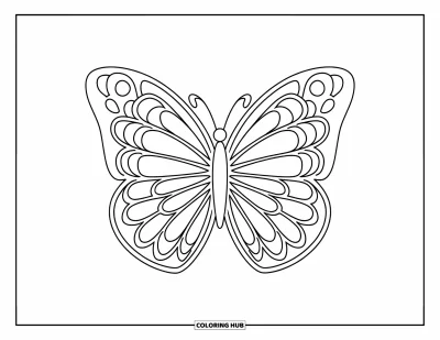 Coloriage de mandala de papillon pour enfants : Des pétales rayonnent à partir d'un papillon souriant sur des contours bien marqués