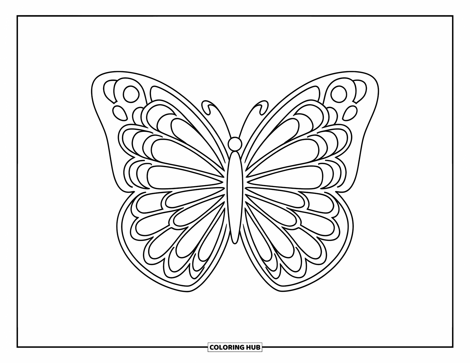 Butterfly Mandala Coloring Page for Kids: Petal patterns radiate from a smiling butterfly on bold outlines