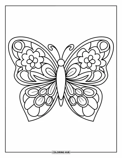 Coloriage de mandala de papillon pour enfants : Papillon aux ailes en forme de pétales entouré de feuilles et de fleurs joyeuses