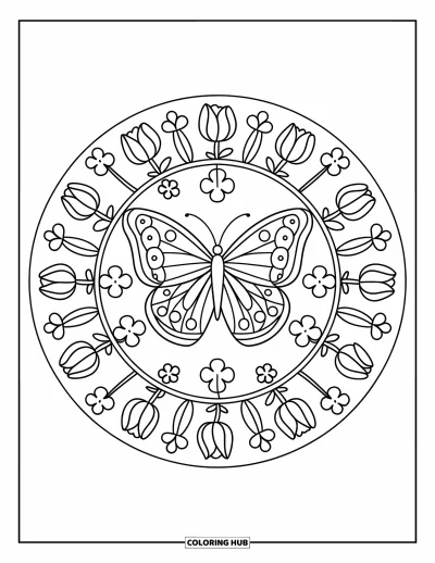 Coloriage de mandala de papillon pour enfants : Mandala de papillon simple entouré de trèfles et de tulipes, idéal pour les enfants