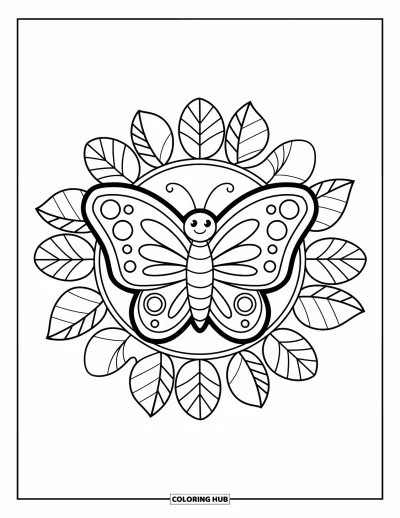 Coloriage de mandala de papillon pour enfants : Un papillon souriant posé dans un mandala en forme de feuille
