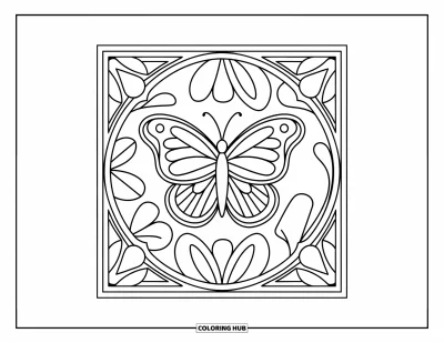 Coloriage de mandala de papillon pour enfants : Mandala printanier avec un papillon et des formes florales simples