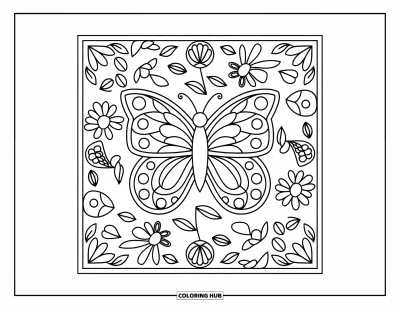Coloriage de mandala de papillon pour enfants : Mandala encadré de motifs printaniers avec un papillon, idéal pour les enfants