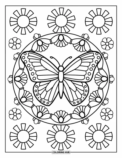Coloriage de mandala de papillon pour enfants : Des rayons de soleil et des pétales illuminent un papillon souriant