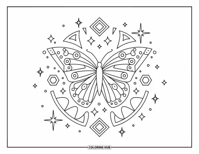 Coloriage de mandala de papillon pour enfants : Motif de papillon symétrique avec des étoiles, des étincelles et des contours bien définis