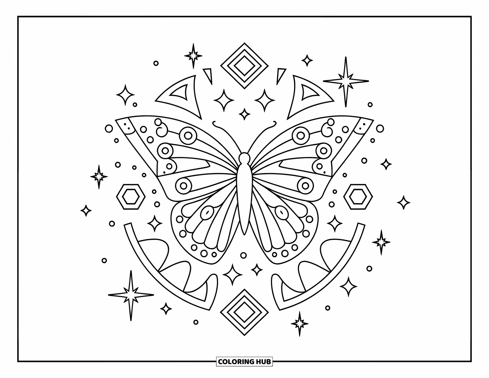 Butterfly Mandala Coloring Page for Kids: Symmetrical butterfly design filled with stars, sparkles, and bold outlines