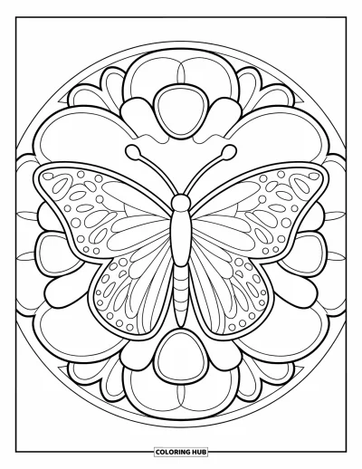 Coloriage de mandala de papillon pour enfants : Papillon aux larges ailes avec de grosses pétales et des formes simples à colorier