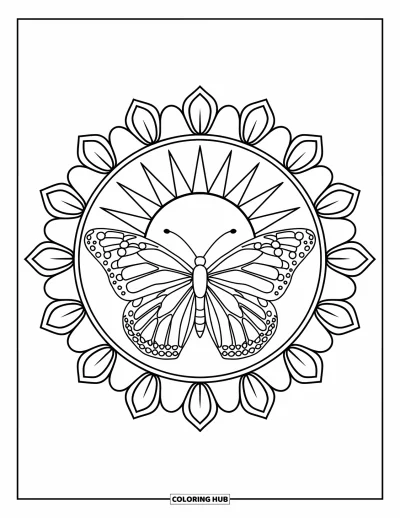 Coloriage de mandala de papillon pour enfants : Papillon aux grandes ailes au cœur d'une fleur radieuse et ensoleillée
