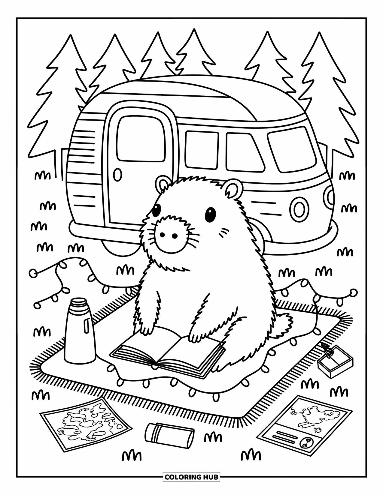 Capybara Coloring Page for Adults: Capybara cozies up with a journal inside a van lit with warm string lights