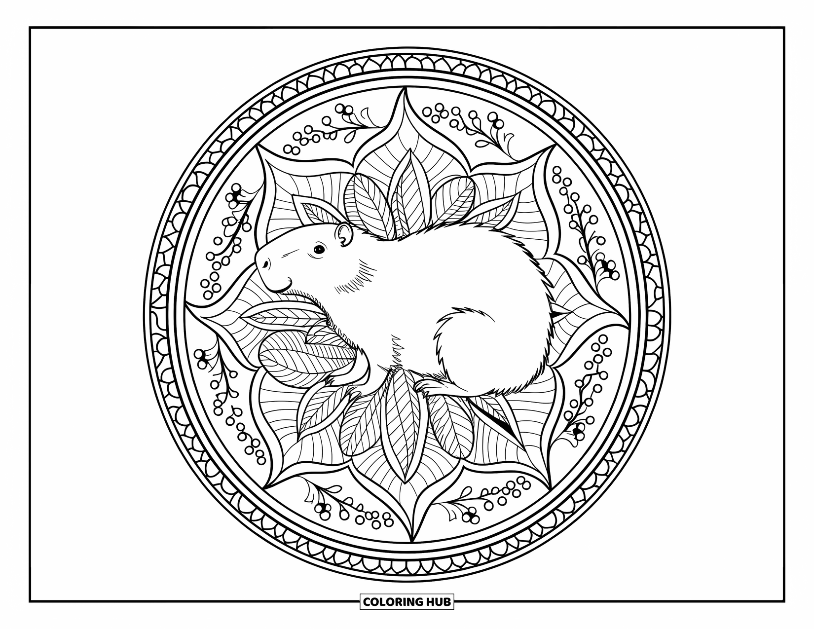 Capybara Coloring Page for Adults: Capybara curls in a mandala surrounded by leaves, berries, and gentle branches