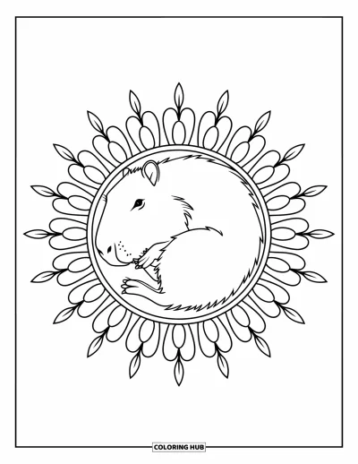 Målarbild med kapybara för vuxna: Kapybara ligger i en solinspirerad mandala med djärva linjer och fina lövdetaljer