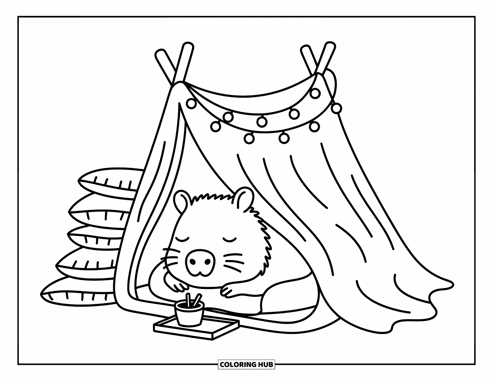 Capybara Coloring Page for Adults: Capybara peeks out from a fort of pillows and lights, sipping something warm