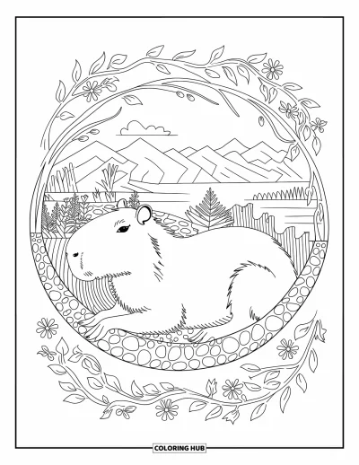 Målarbild med kapybara för vuxna: Kapybara kopplar av i en blomranks-mosaik med berg och vatten bortom