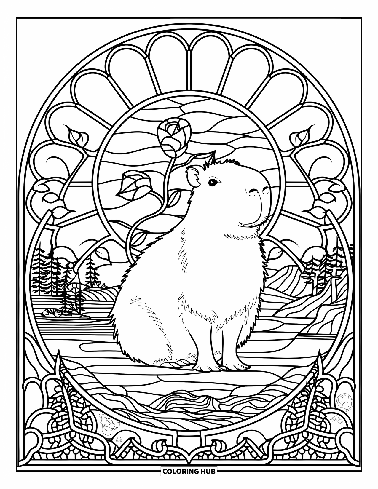 Capybara Coloring Page for Adults: Capybara rests in a rose-shaped stained glass mandala with a peaceful scenic background