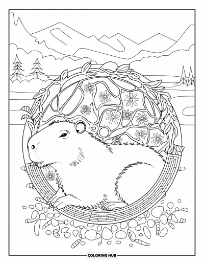 Målarbild med kapybara för vuxna: Kapybara vilar inuti en mosaikcirkel av rankor, stenar och små blommor