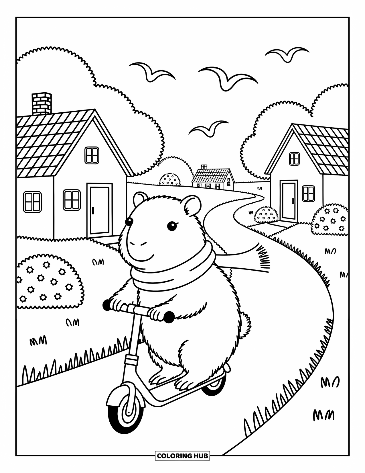 Capybara Coloring Page for Adults: Capybara rides a tiny scooter past cottages and birds on a country path