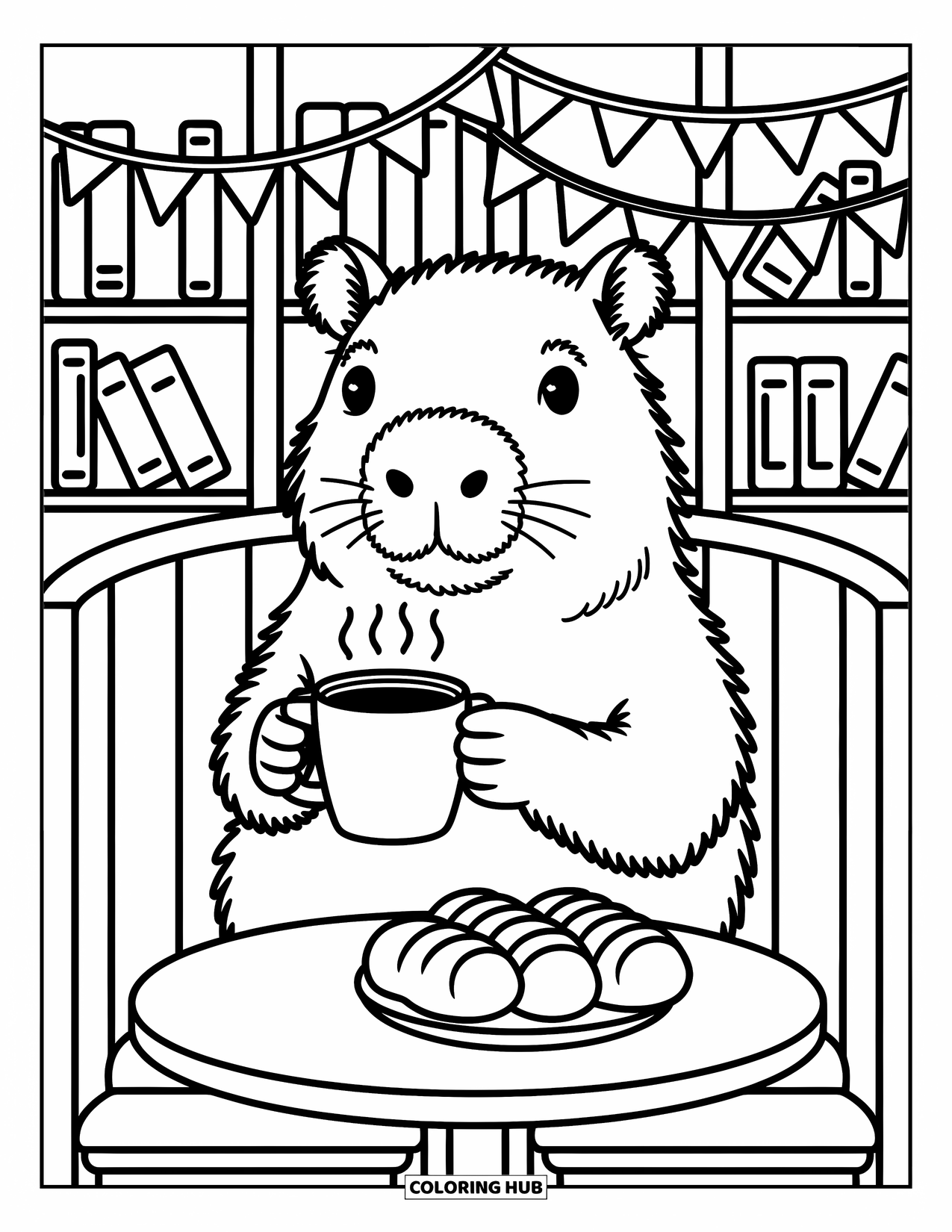 Capybara Coloring Page for Adults: Capybara sips from a mug at a cozy café booth with bread and books