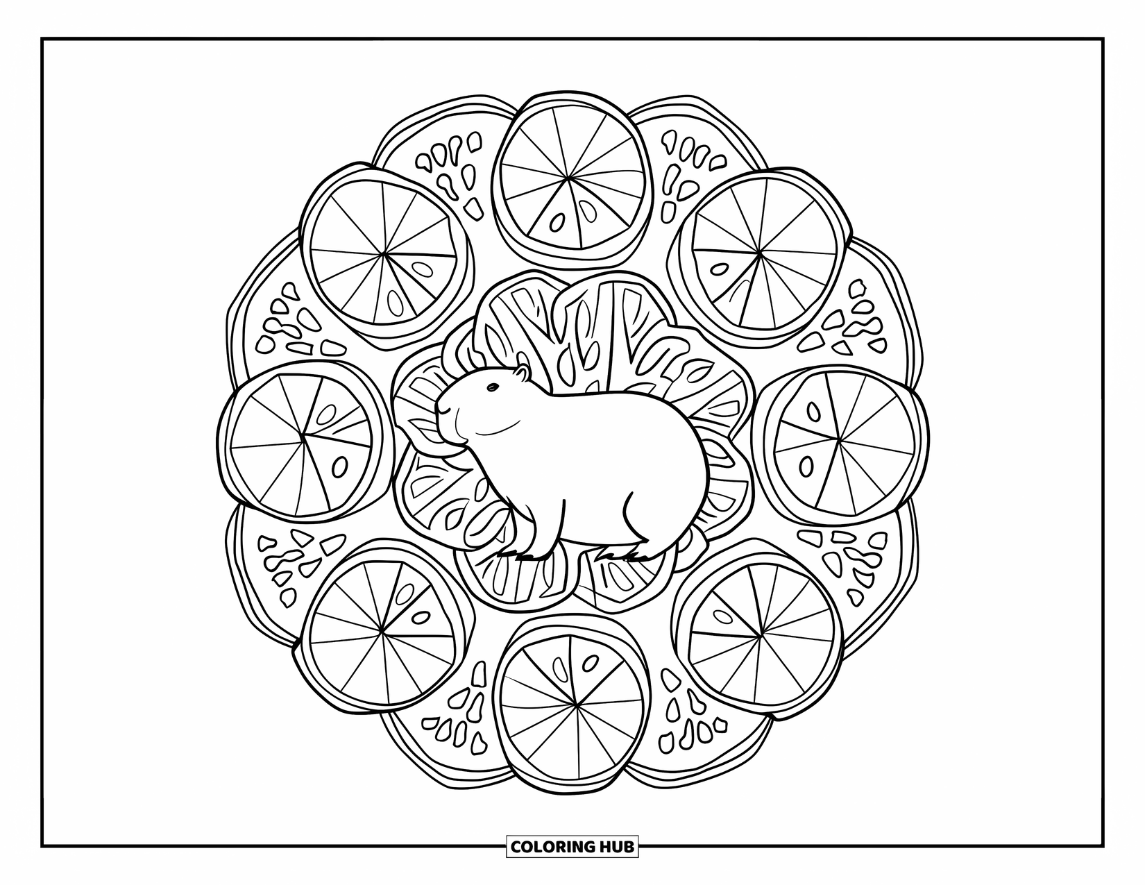 Capybara Coloring Page for Adults: Capybara sits at the center of a fruit mandala with watermelon and orange slices
