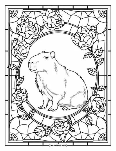 Målarbild med kapybara för vuxna: Kapybara sitter lugnt i en glasmålningsrosmandala med konstnärliga blomsterdesigner