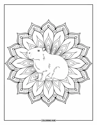 Målarbild med kapybara för vuxna: Kapybara sitter lugnt i mitten av en blommande blomstermandala