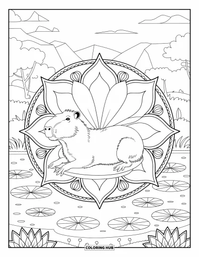 Målarbild med kapybara för vuxna: Kapybara sitter på en dammsten omgiven av lotusblommor och skiktade mandala-kronblad