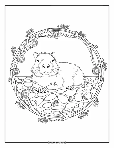Målarbild med kapybara för vuxna: Kapybara sitter stilla i en mosaicring av rankor, stenar och mjuka blommor
