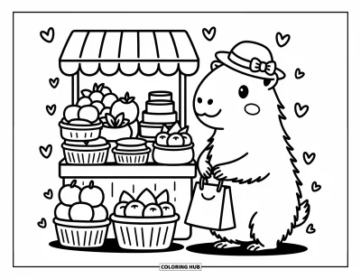 Målarbild med kapybara för vuxna: Kapybara står vid en mysig stånd med frukt, tvålar och en liten shoppingkasse