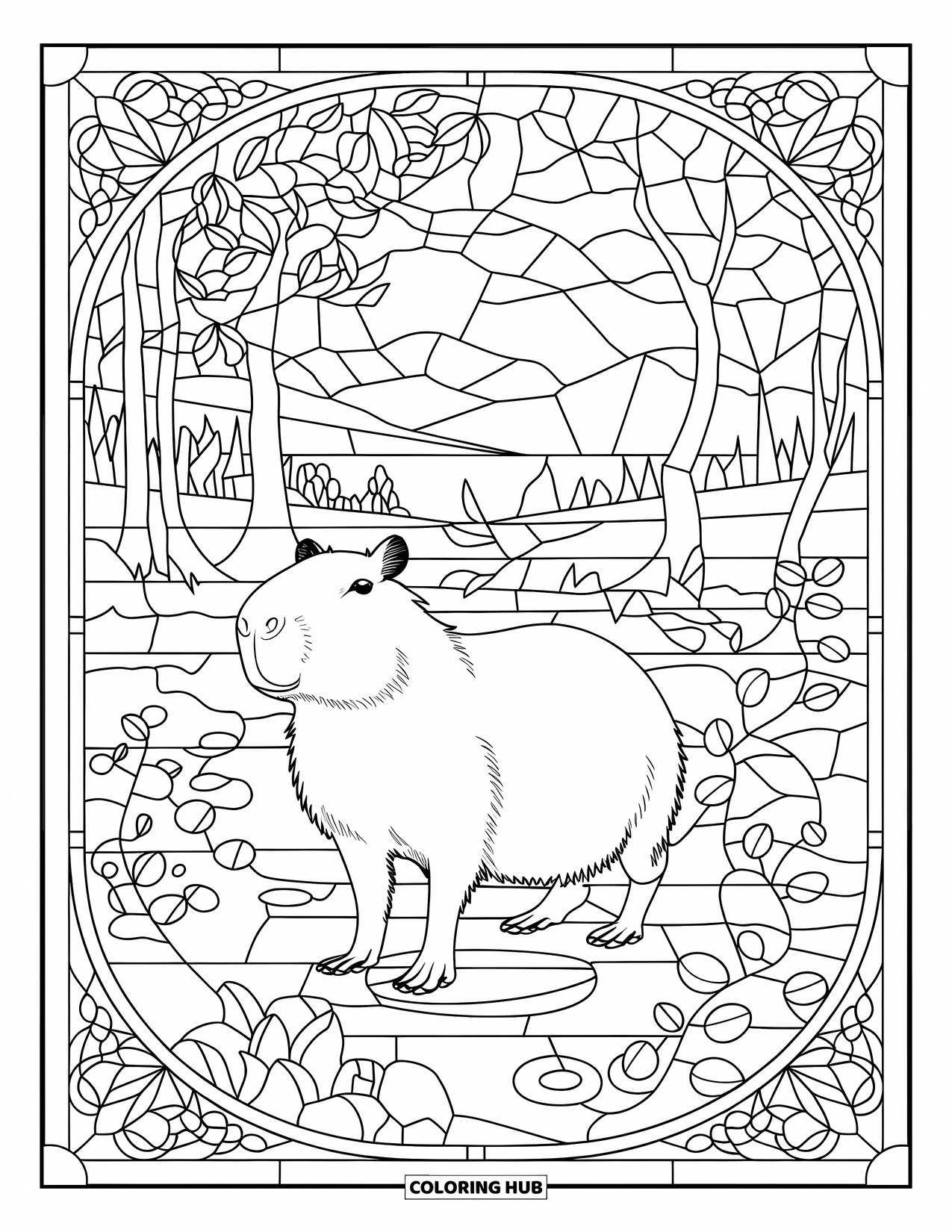 Capybara Coloring Page for Adults: Capybara stands within a nature-themed stained glass panel with birds and flowing water
