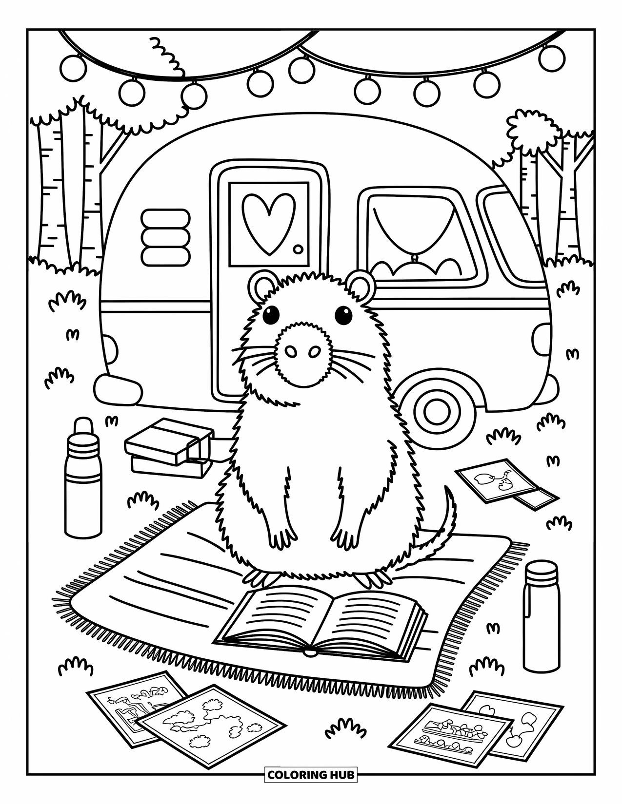 Capybara Coloring Page for Adults: Capybara writes in a camper van with string lights and a travel mug nearby