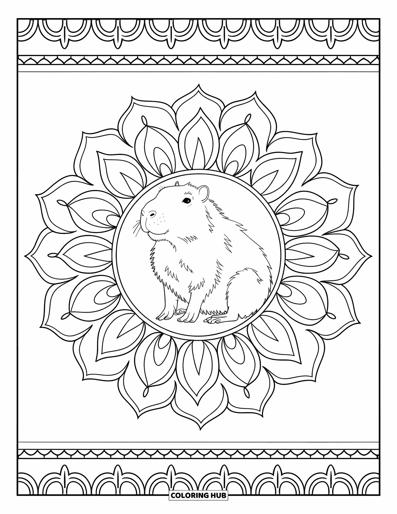 Capybara Coloring Page for Adults: Floral mandala blooms around a serene capybara with gentle, intricate petal patterns
