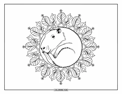 Målarbild med kapybara för vuxna: Fridfull kapybara vilar i en detaljrik löv-och-bär-mandala