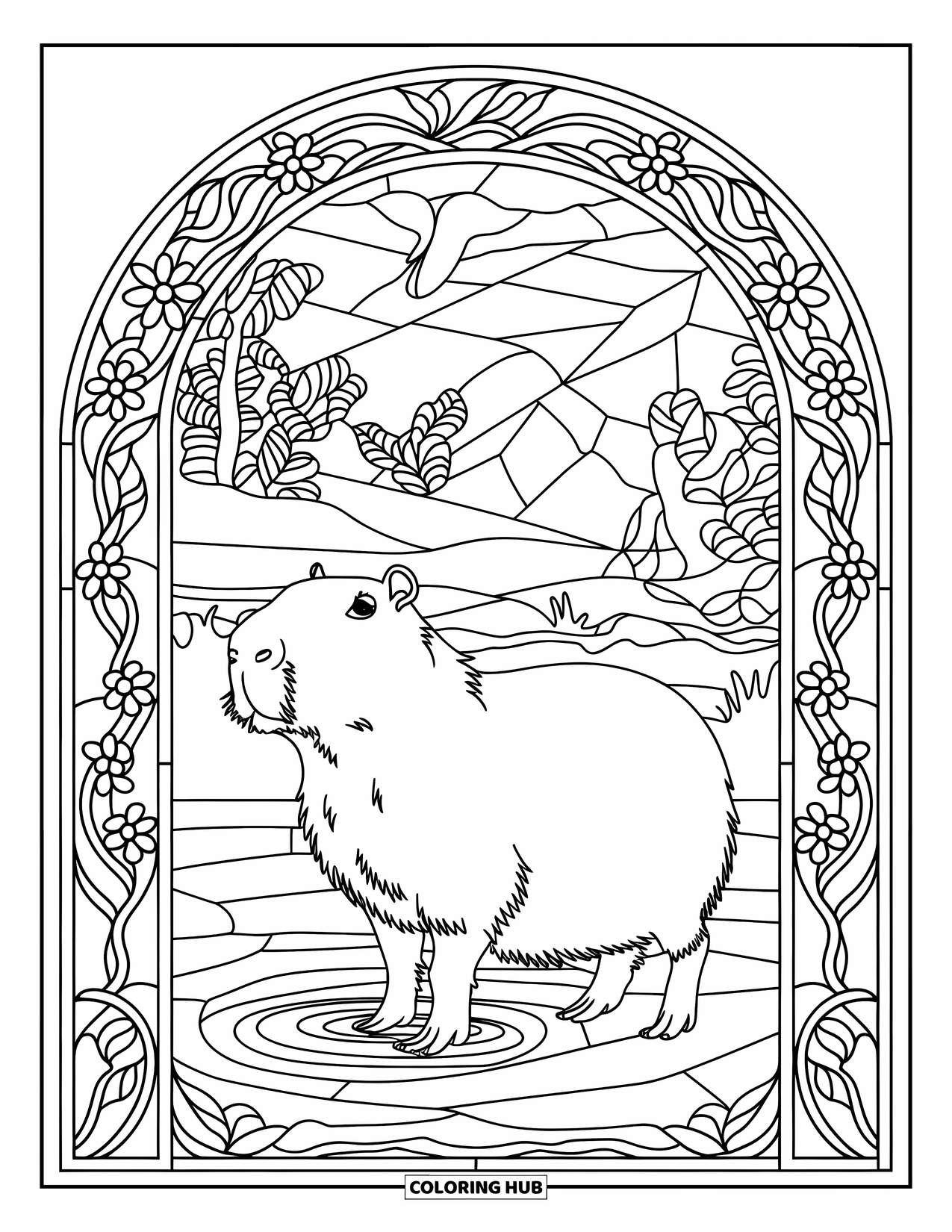 Capybara Coloring Page for Adults: Stained glass window frames a capybara surrounded by vines, leaves, and peaceful scenery