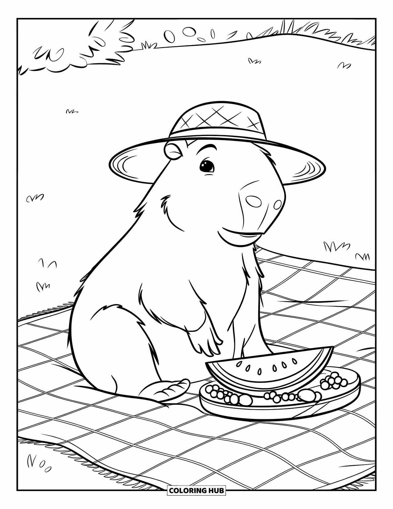 Capybara Coloring Page for Kids: Capybara enjoys a fruit picnic on a blanket in a sunny field