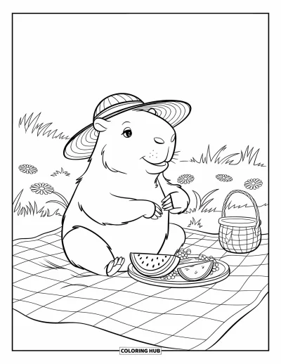 Målarbild med kapybara för barn: Kapybara njuter av frukt och sol på en picknickfilt med blommor och en lykta