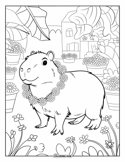 Målarbild med kapybara för barn: Kapybara med blomsterhalsband står nära blomkrukor och byggnader i fjärran