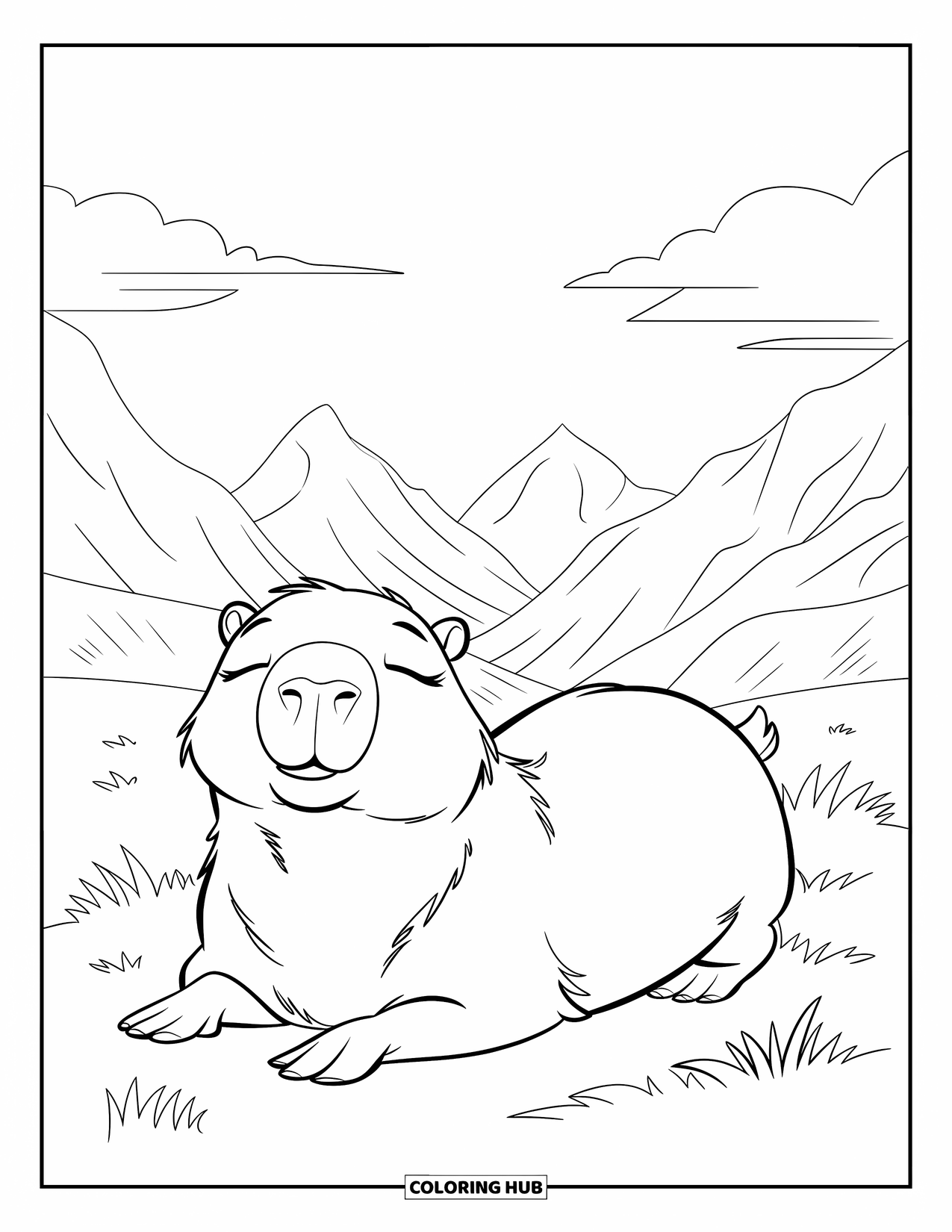 Capybara Coloring Page for Kids: Capybara lies in the grass, peacefully enjoying a mountain view