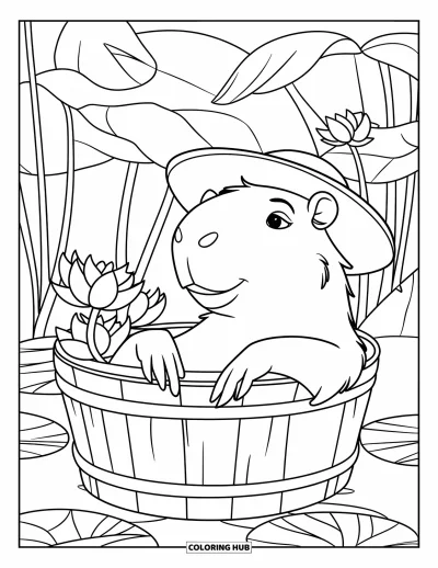 Målarbild med kapybara för barn: Kapybara vilar i ett träkar fyllt med lotusblommor nära höga grässtrån