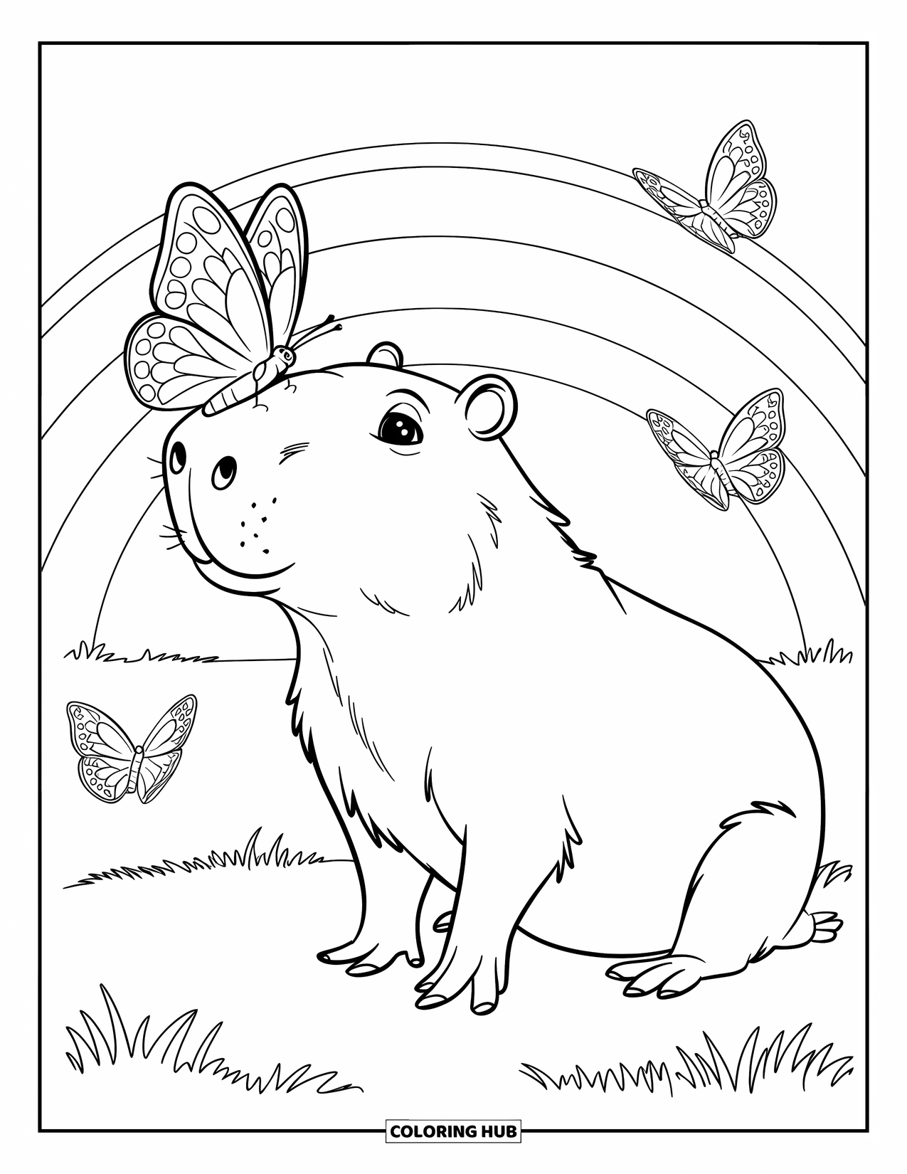 Capybara Coloring Page for Kids: Capybara sits on grass with a butterfly on its nose and a rainbow behind