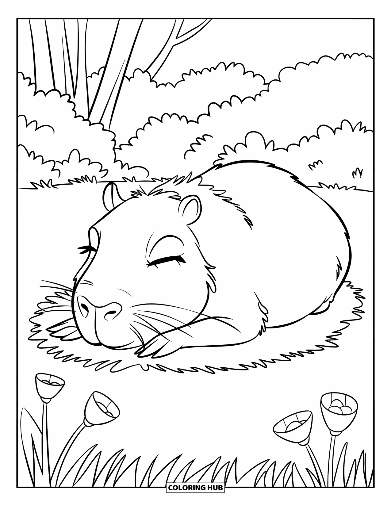 Capybara Coloring Page for Kids: Capybara snoozes on a grassy field with flowers and trees nearby