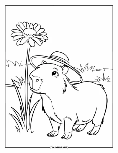Målarbild med kapybara för barn: Kapybara står bredvid en stor blomma på ett soligt grönt fält