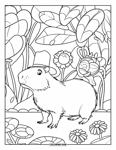 Målarbild med kapybara för barn: Kapybara står i en blomsterträdgård med djärva mönster och hatt