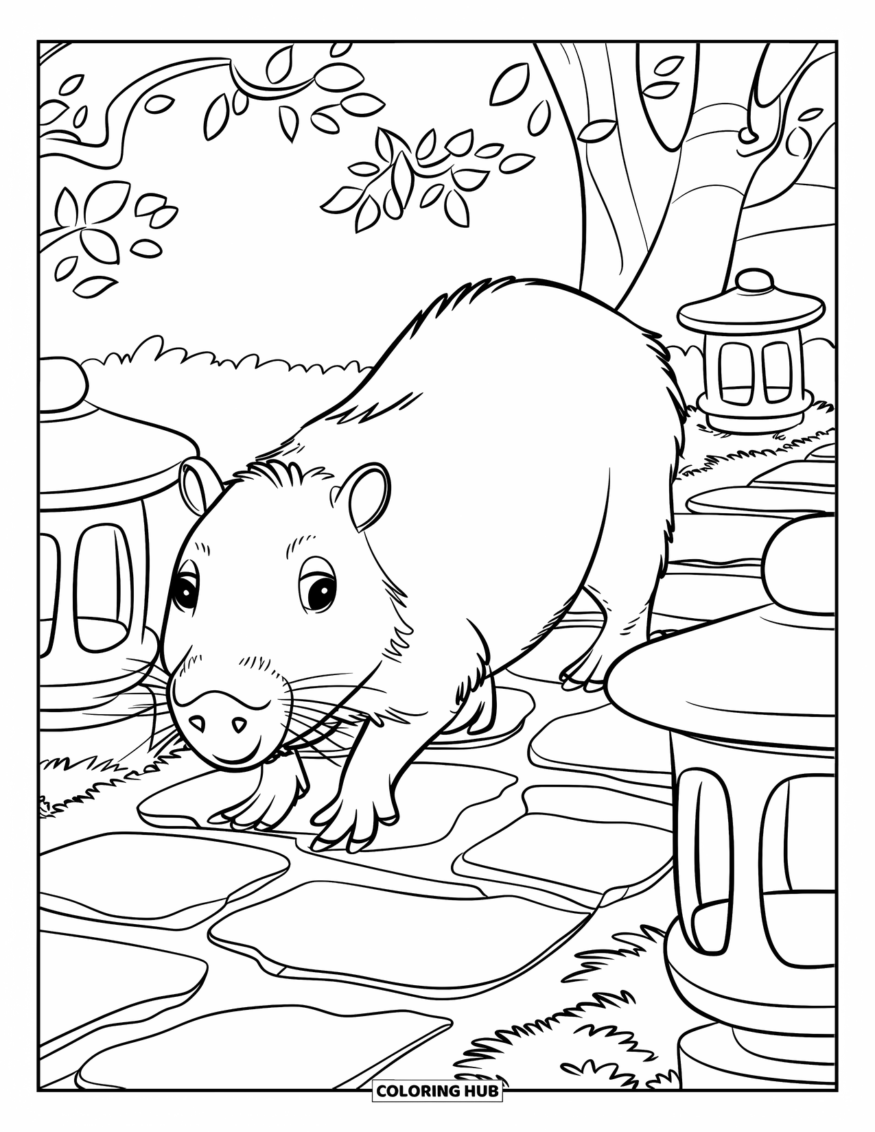Capybara Coloring Page for Kids: Capybara strolls a garden path lined with lanterns and trees