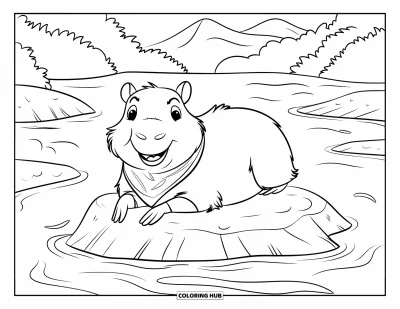 Målarbild med kapybara för barn: Kapybara med halsduk ler på en flodsten omgiven av natur