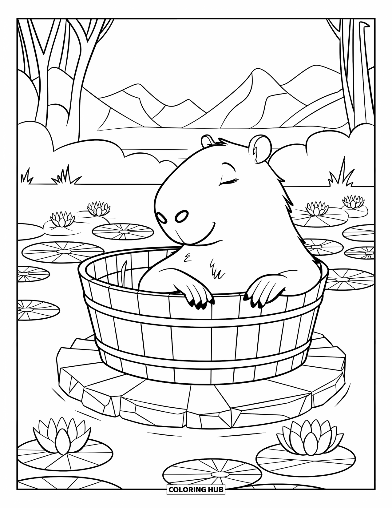 Capybara Coloring Page for Kids: Capybara with eyes closed soaks in a lotus tub near trees and mountains