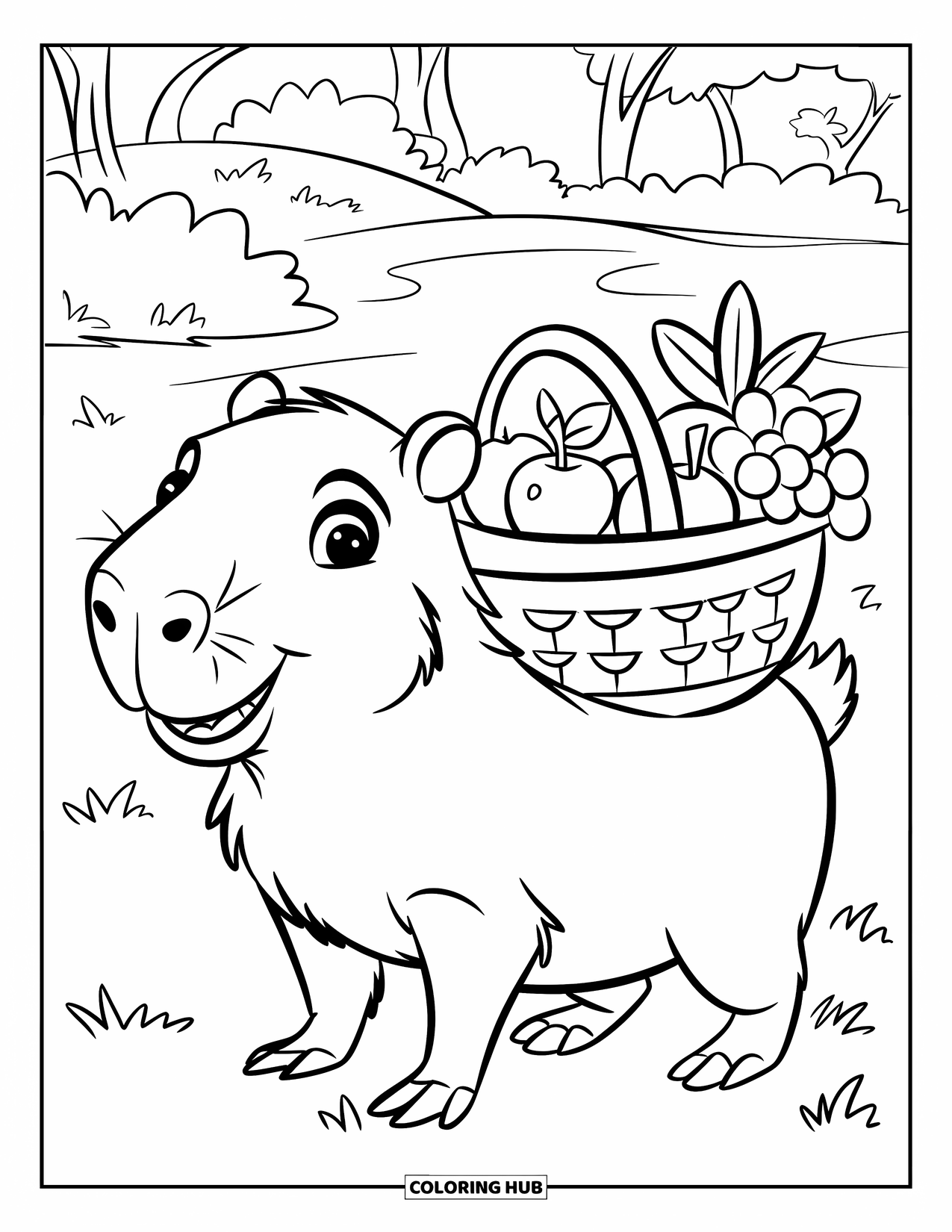 Capybara Coloring Page for Kids: Capybara with fruit basket smiles in a quiet field with a few trees